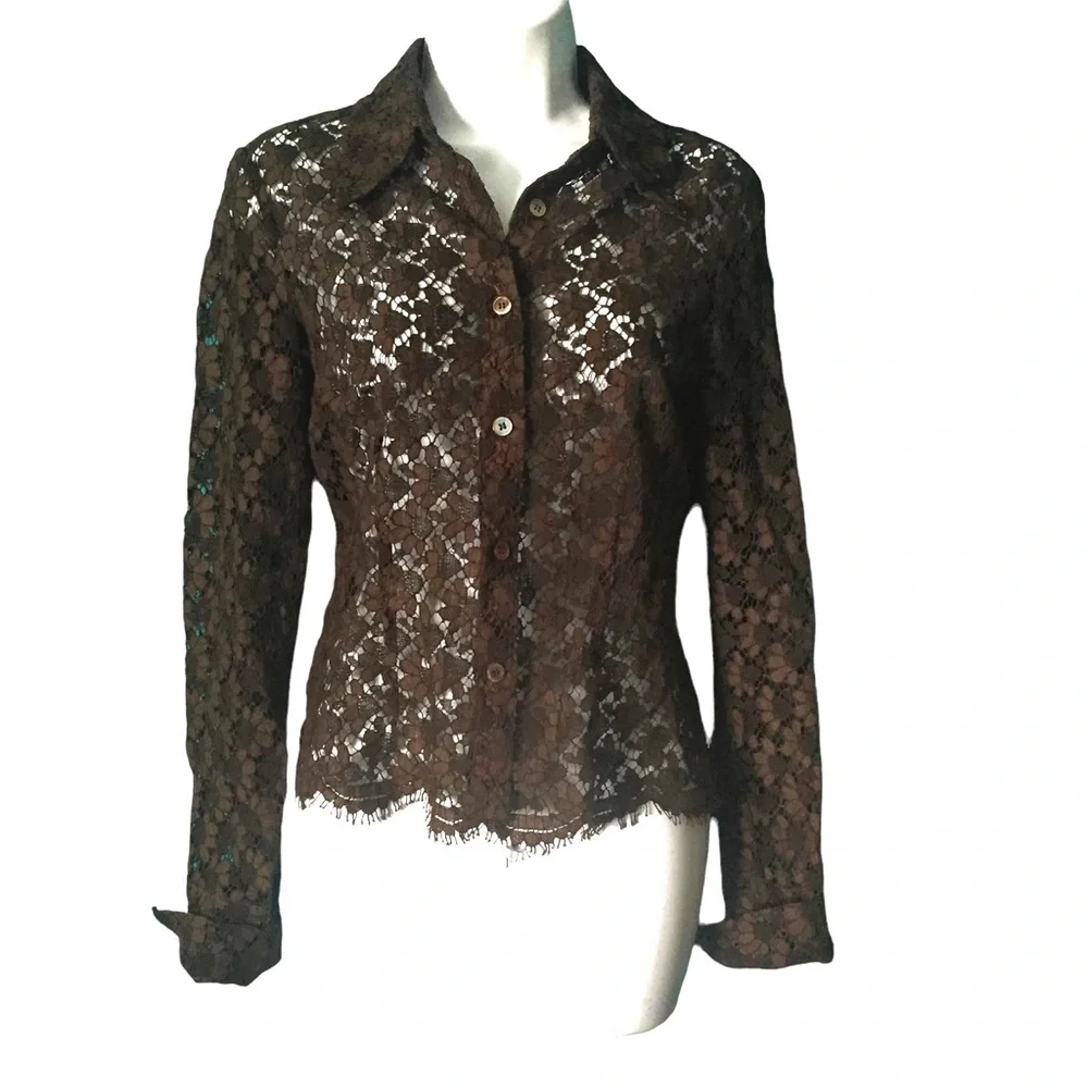Vintage The Wrights Lace Button Down Shirt - Picture 1 of 7